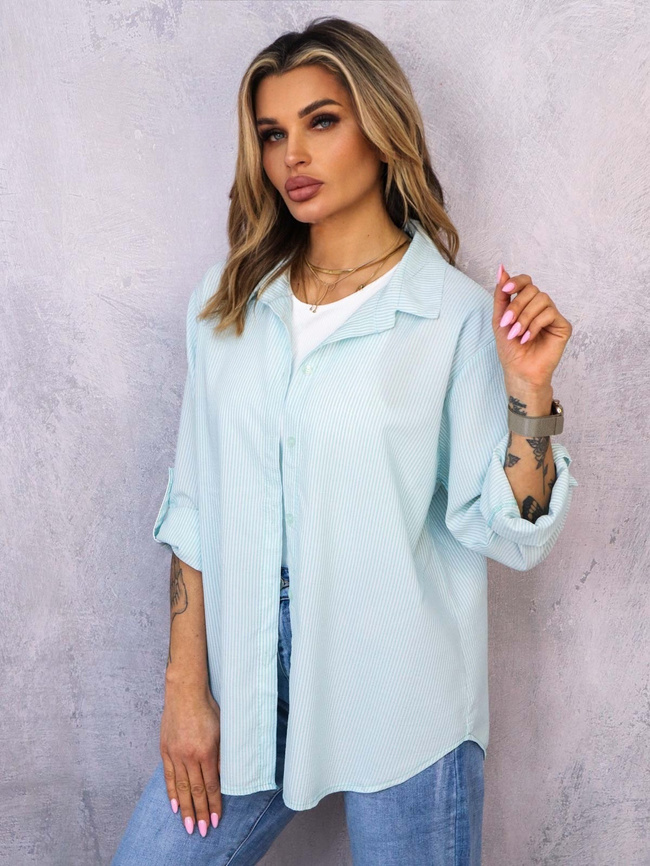 KOSZULA OVERSIZE W PASKI- TURKUSOWA