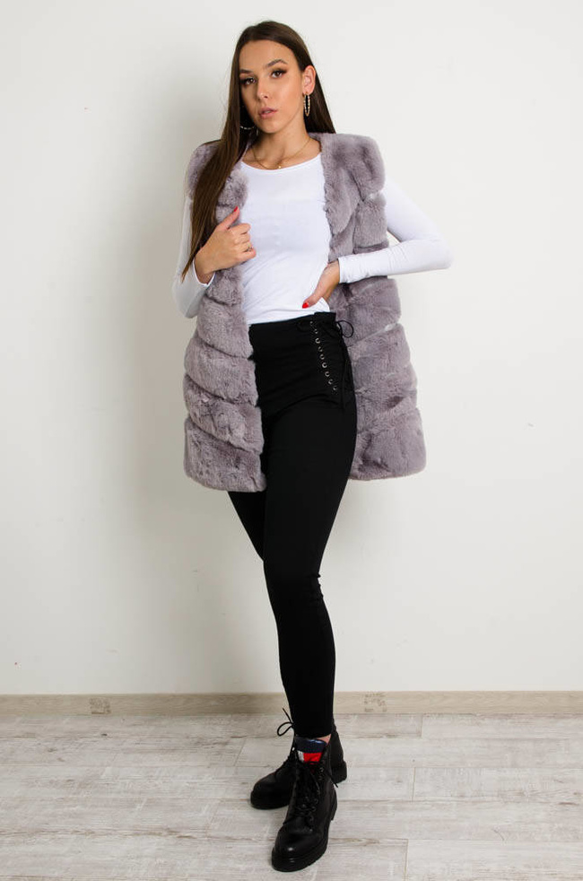 SZARA FUTRZANA KAMIZELKA BEZ KAPTURA