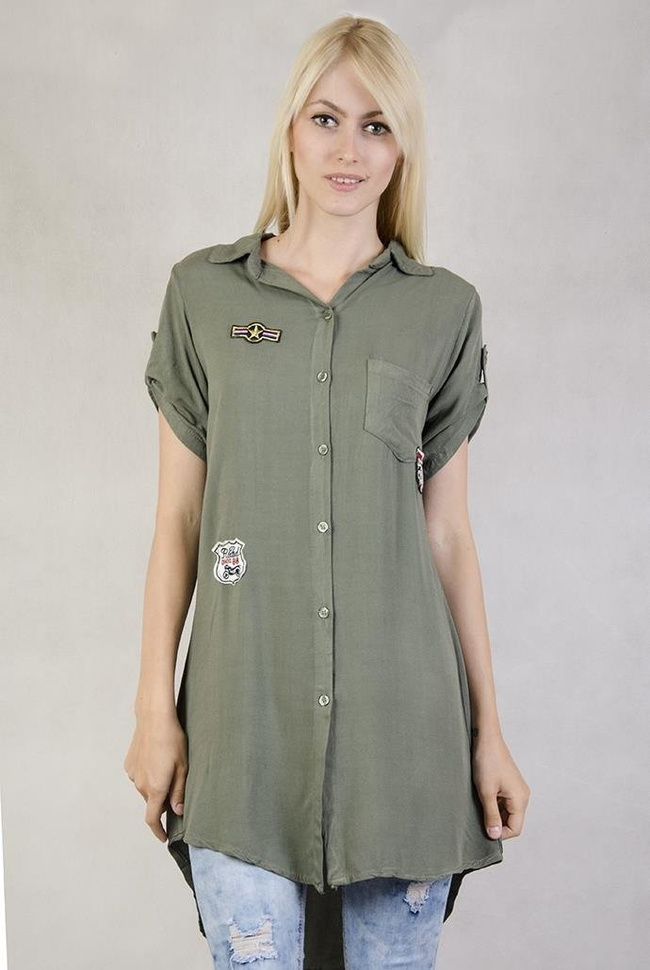 Koszula khaki z naszywkami i przedłużanym tyłem