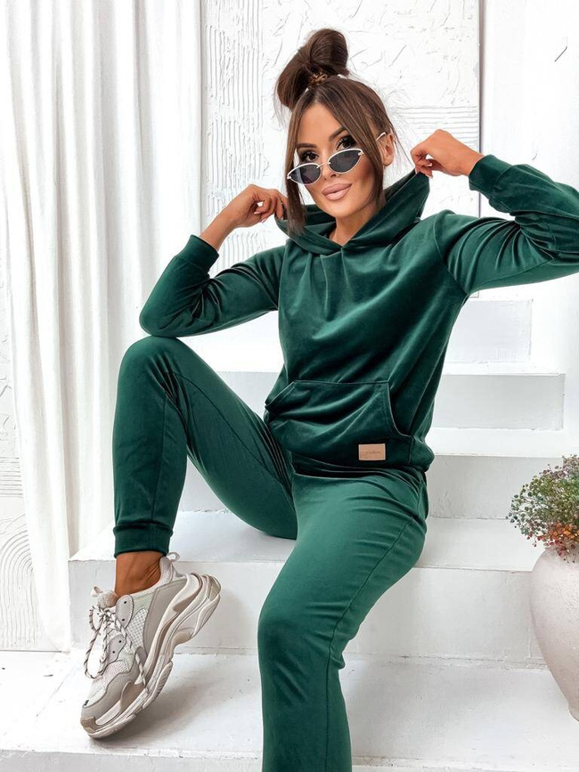 WELUROWY KOMPLET DRESOWY SPODNIE+ BLUZA Z KAPTUREM- BUTELKOWO ZIELONY