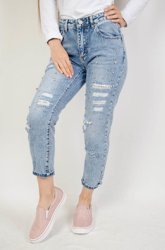 SPODNIE JEANSOWE TYPU BOYFRIEND Z CYRKONIAMI