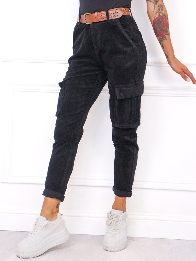 SPODNIE SZTRUKSOWE BOJÓWKI Z PASKIEM- CZARNE