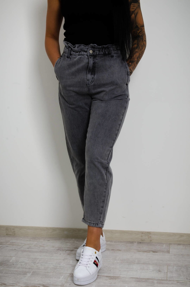 SZARE JEANSY MOM FIT Z GUMKĄ W PASIE-WYSOKI STAN