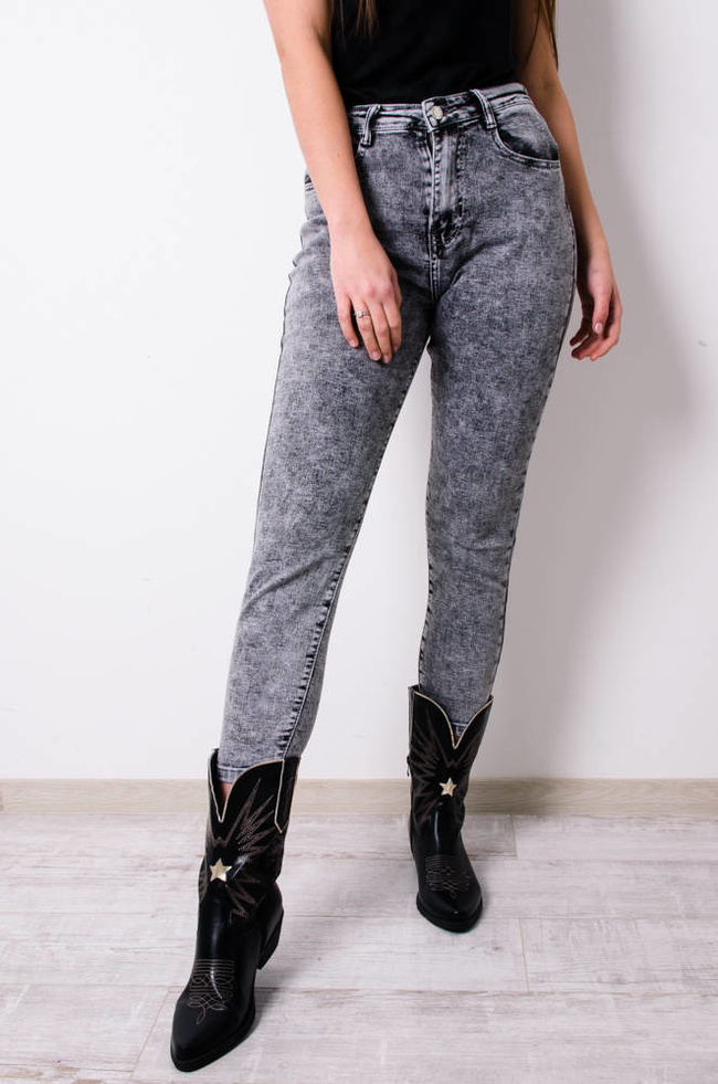 SZARE DEKATYZOWANE SPODNIE JEANSOWE Z WYSOKIM STANEM 