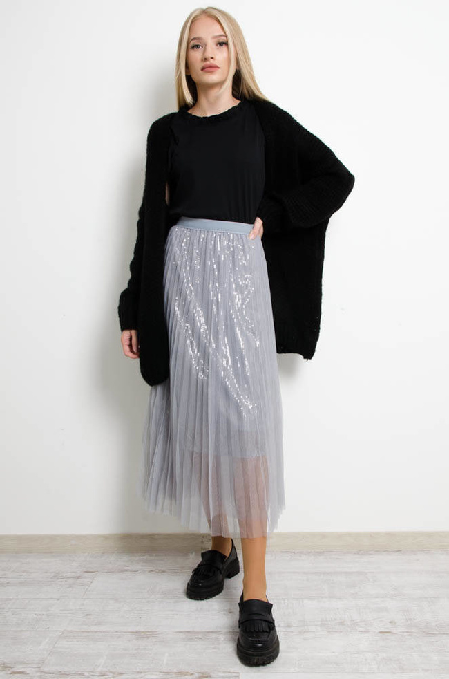 SZARA SPÓDNICA TIULOWA Z CEKINAMI