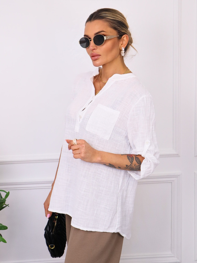 BLUZKA KOSZULOWA ASYMETRYCZNA Z LNEM- BIAŁA