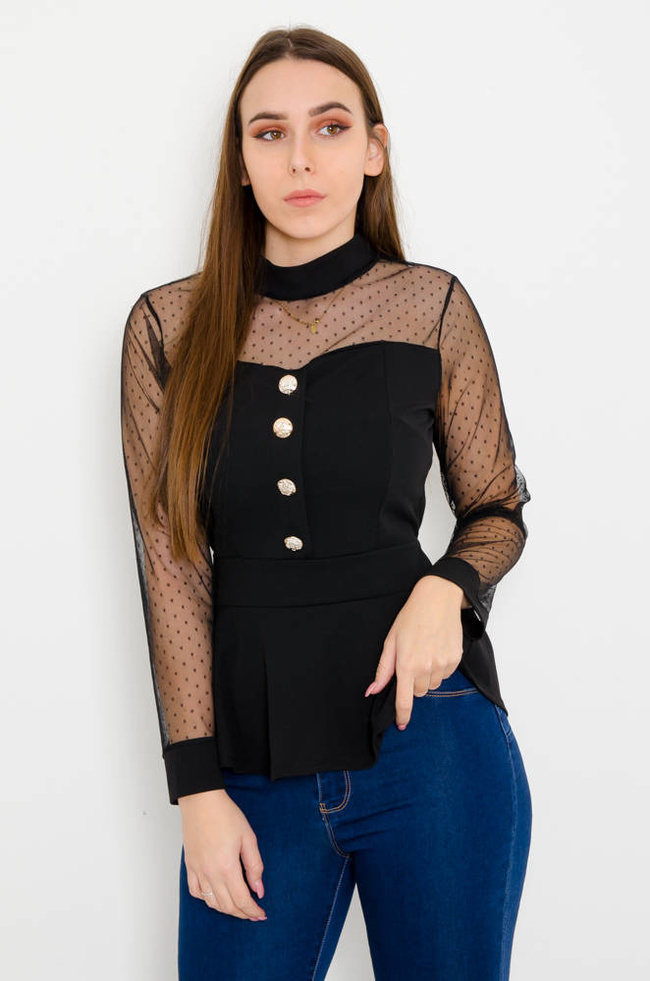 CZARNA ELEGANCKA BLUZKA BASKINKA Z OZDOBNYMI GUZIKAMI