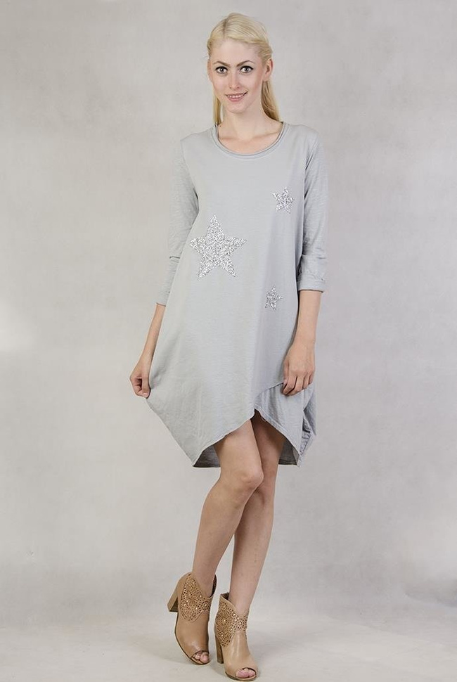 Asymetryczna tunika z gwiazdkami szara