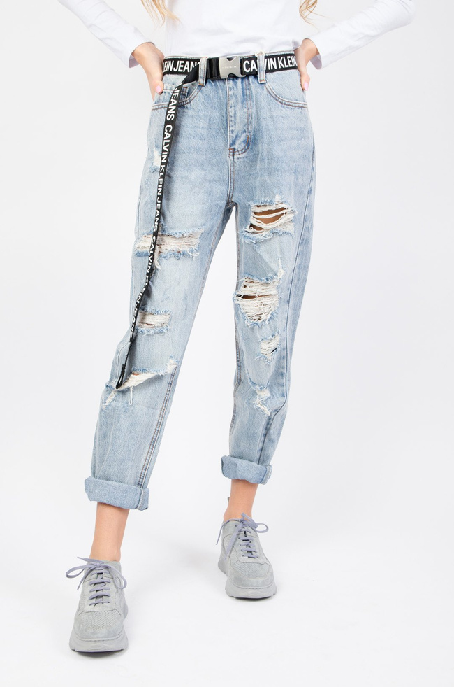 SPODNIE JEANSOWE TYPU MOM FIT Z DZIURAMI- WYSOKI STAN