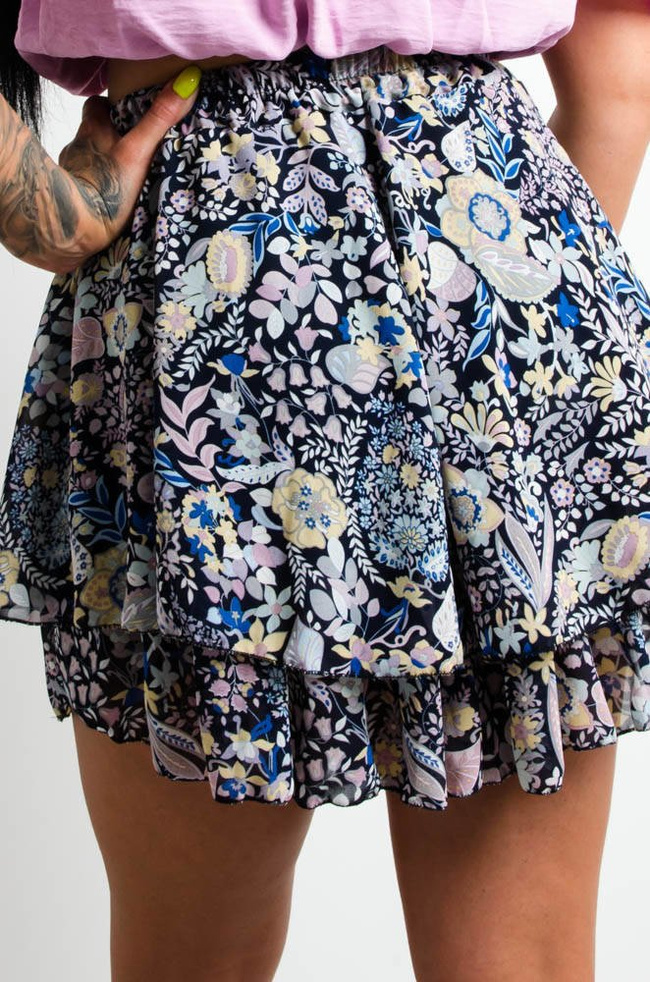 GRANATOWA ROZKLOSZOWANA ZWIEWNA SPÓDNICA W KWIATY