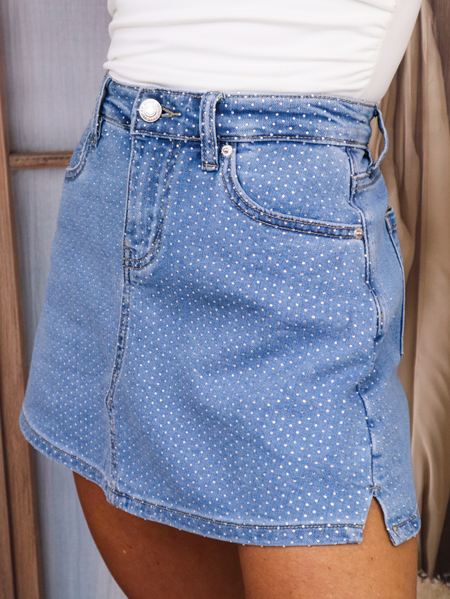 SPÓDNICO-SPODENKI JEANSOWE ZDOBIONE CYRKONIAMI