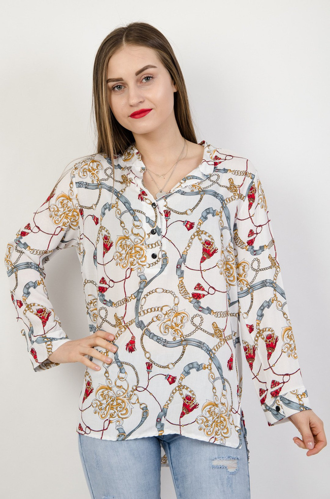 Biała bluzka koszulowa w kolorowe wzory