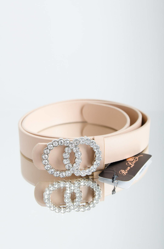 DAMSKI BEŻOWY PASEK Z PODWÓJNĄ KLAMRĄ CYRKONIE 