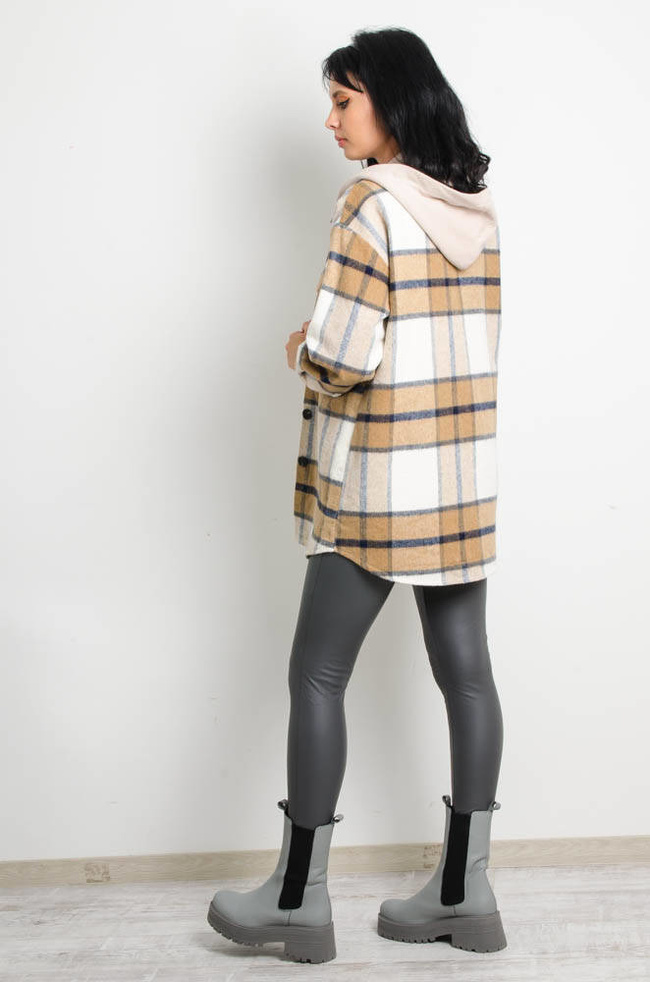 BEŻOWA KURTKA KOSZULA W KRATĘ Z KAPTUREM