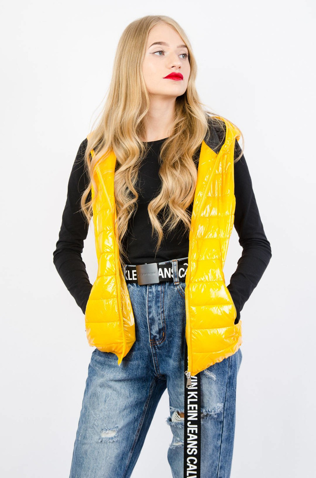 ŻÓŁTA BŁYSZCZĄCA KAMIZELKA Z KAPTUREM
