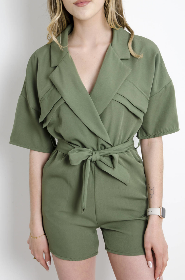 KOMBINEZON ELEGANCKI WIĄZANY W PASIE - ZIELONY