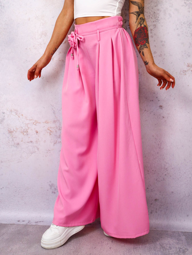 SPODNIE MATERIAŁOWE Z SZEROKIMI NOGAWKAMI I WIĄZANIEM W PASIE- RÓŻOWY