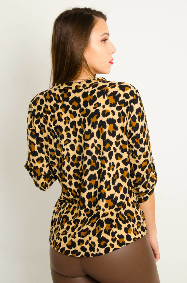 BLUZKA W PANTERKĘ ZAINANA NA GUZIKI- BRĄZOWA