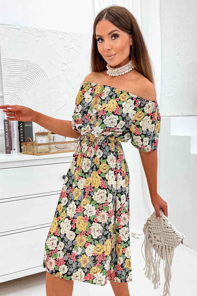 SUKIENKA W KWIATY Z GUMKĄ W PASIE- CZARNA