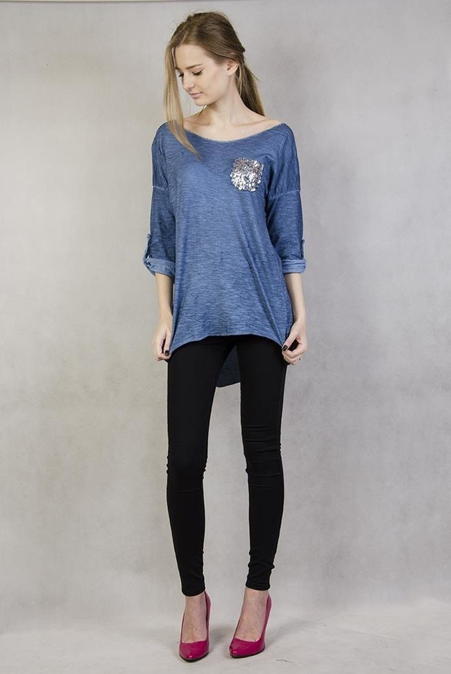 Asymetryczna niebieska bluzka z cekinami