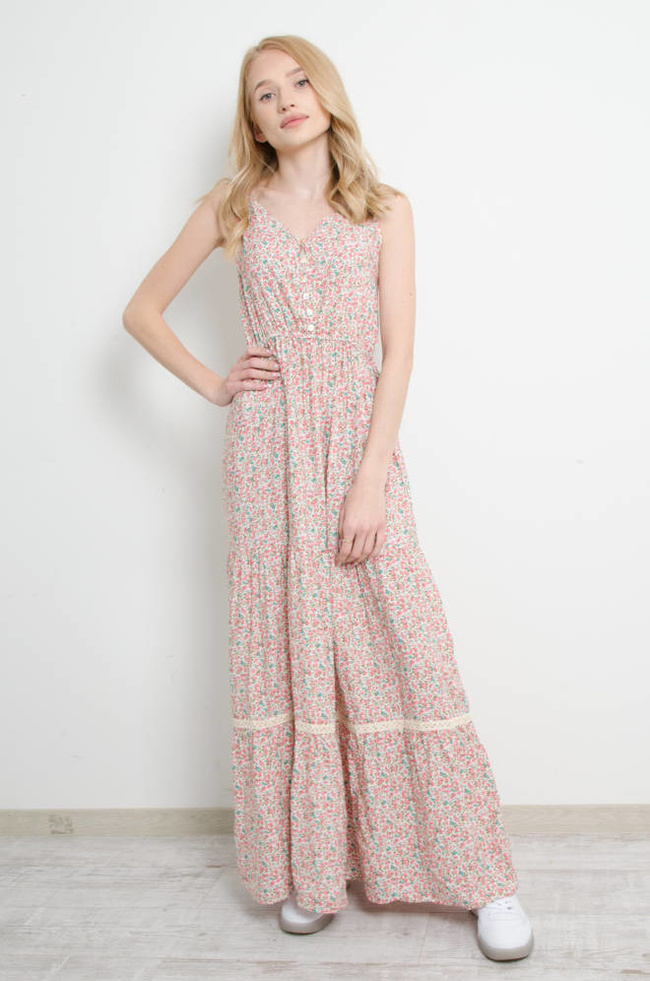 SUKIENKA W KWIATY NA CIENKICH RAMIĄCZKACH MAXI - RÓŻOWA