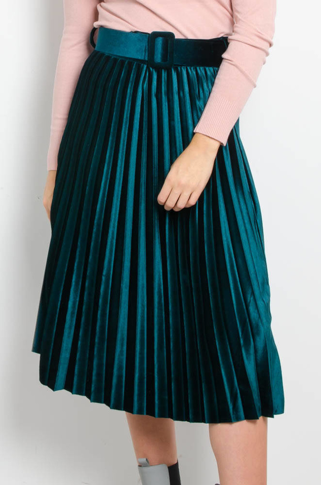 ZIELONA WELUROWA PLISOWANA SPÓDNICA Z PASKIEM-MIDI