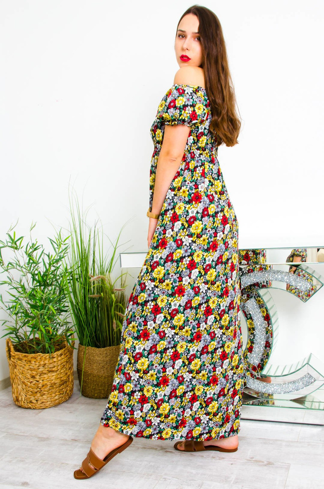 CZARNA DŁUGA SUKIENKA HISZPANKA W KWIATY