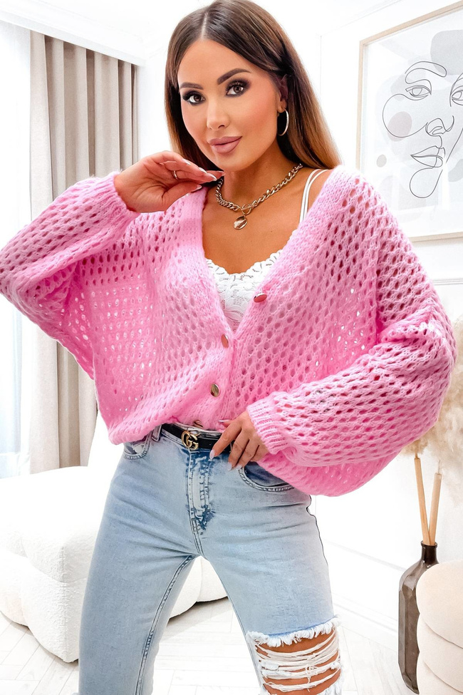 AŻUROWY SWETER ZAPINANY NA GUZIKI- RÓŻOWY
