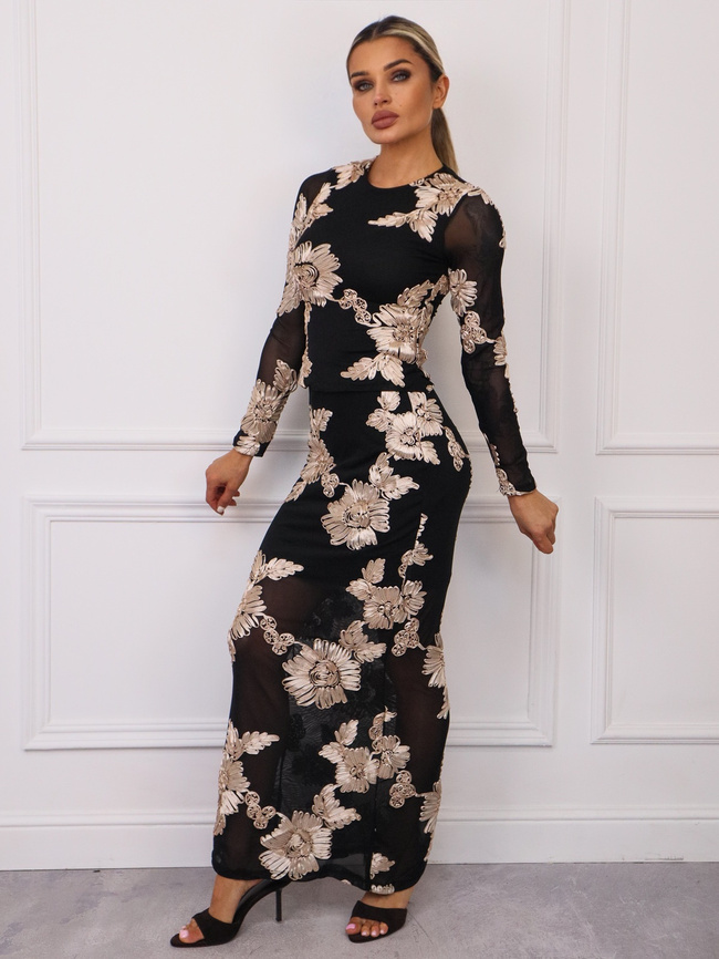 SPÓDNICA MIDI SIATECZKOWA Z OZDOBNYMI KWIATAMI- CZARNA