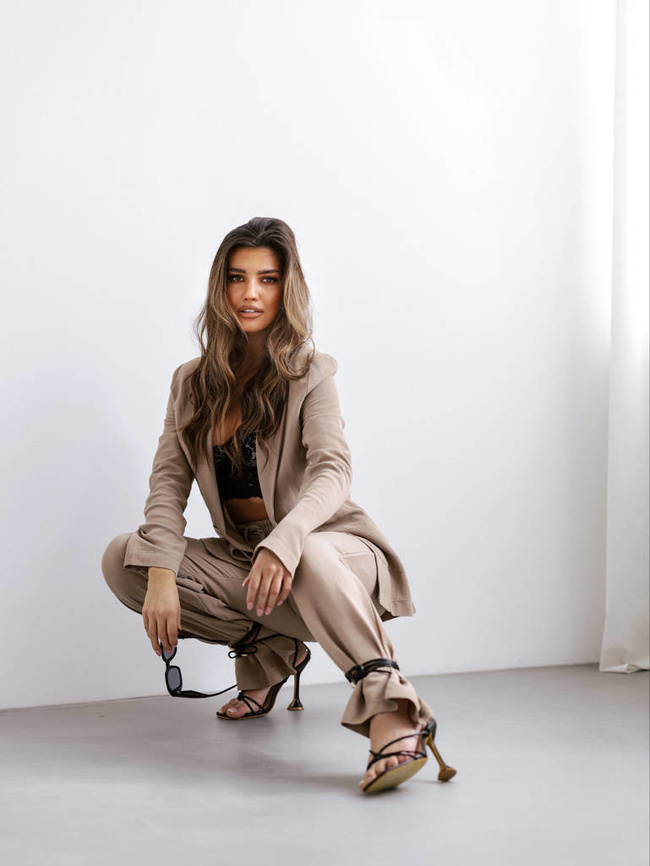 LNIANY KOMPLET KOSZULA+ SPODNIE- BRĄZOWY