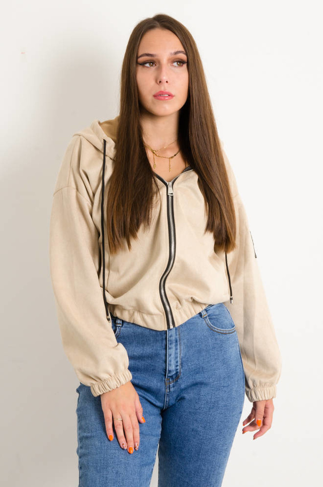 BEŻOWA BLUZA OVERSIZE ZAPINANA NA ZAMEK Z NASZYWKĄ- IMITACJA ZAMSZU