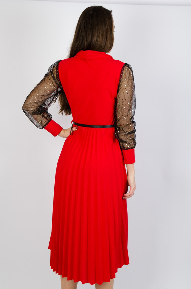 CZERWONA PLISOWANA SUKIENKA Z OZDOBNYMI RĘKAWAMI