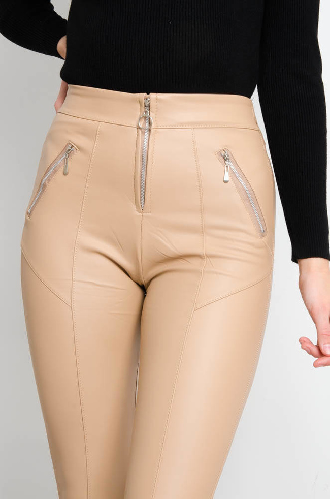 BEŻOWE WOSKOWANE LEGGINSY Z PRZESZYCIAMI- WYSOKI STAN