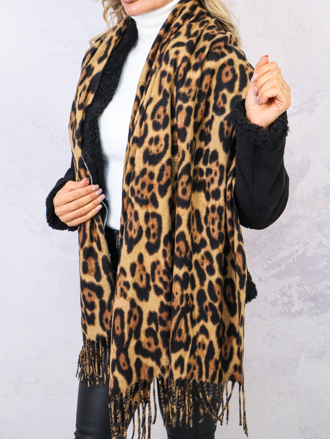 SZAL W PANTERKĘ Z FRĘDZLAMI- BRĄZOWY