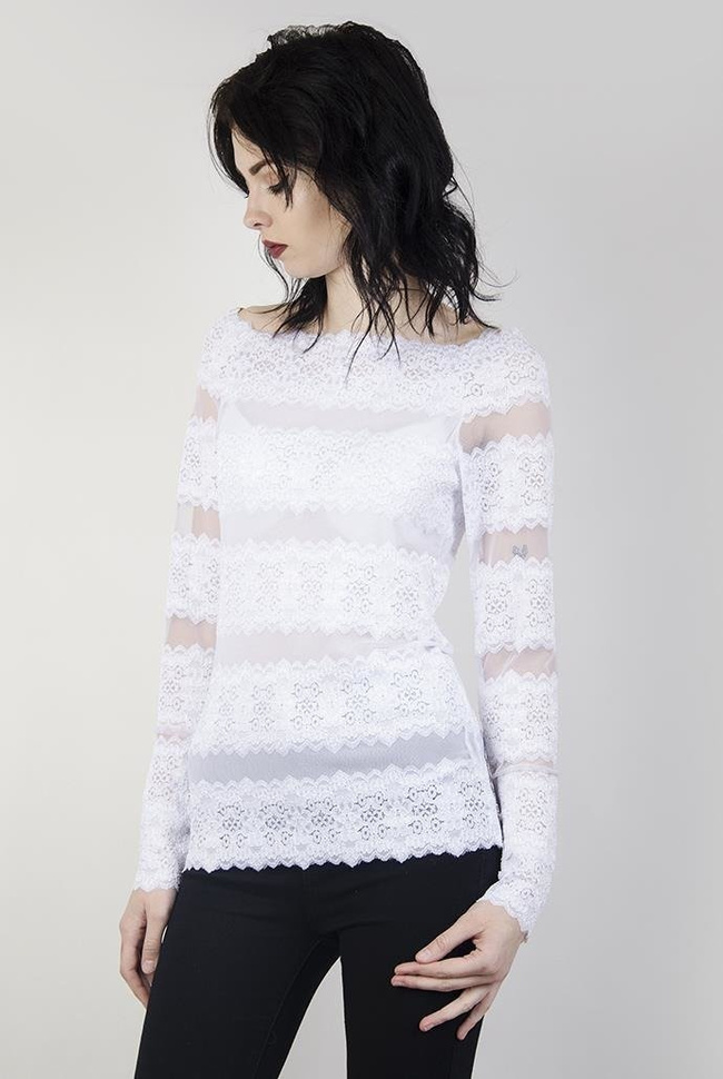 Biała bluzka z długim rękawem, ze wstawkami z koronki