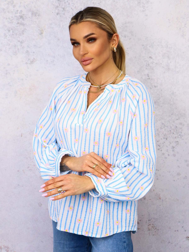 BLUZKA KOSZULOWA W PASKI I KWIATKI- NIEBIESKA