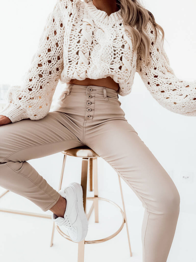 WOSKOWANE SPODNIE Z WYSOKIM STANEM I GUZIKAMI- BEŻOWY