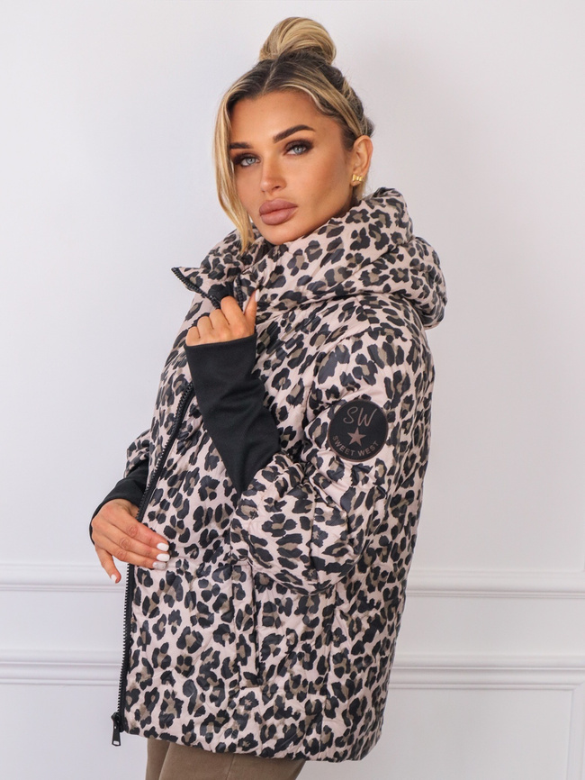 KURTKA PRZEJŚCIOWA PIKOWANA Z KAPTUREM W PANTERKĘ- BEŻOWA