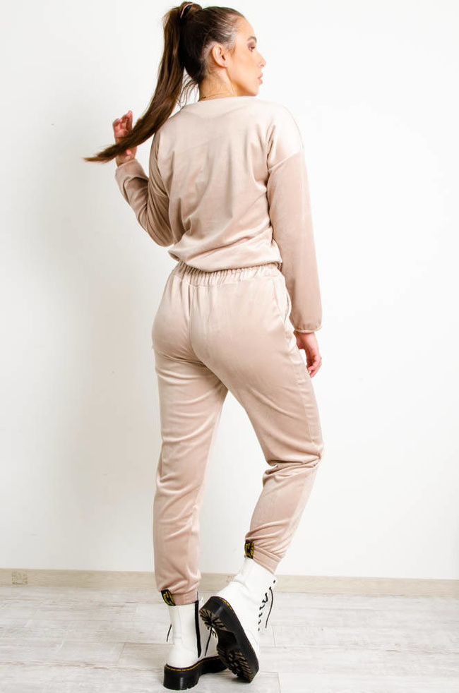 BEŻOWE WELUROWE SPODNIE DRESOWE