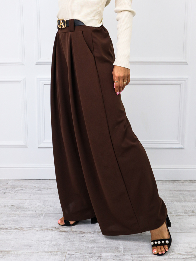 SPODNIE MATERIAŁOWE Z SZEROKIMI NOGAWKAMI+ PASEK- BRĄZOWE