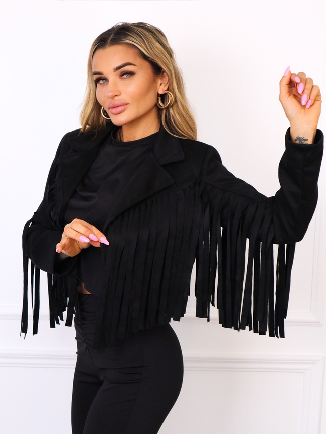 KURTKA Z IMITACJI ZAMSZU Z FRĘDZLAMI- CZARNA