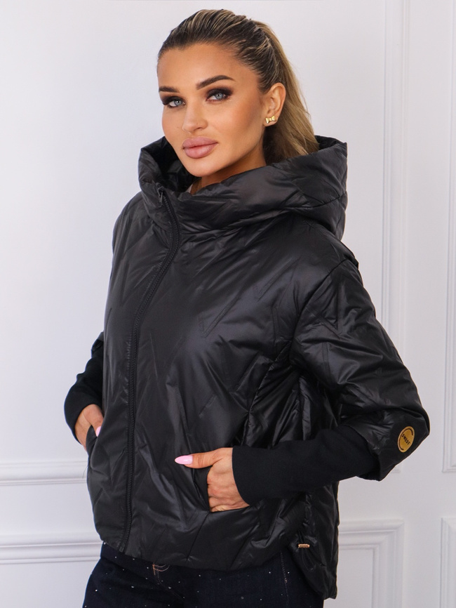 ASYMETRYCZNA KURTKA PIKOWANA ZE ŚCIAGACZAMI NA RĘKAWACH- CZARNA