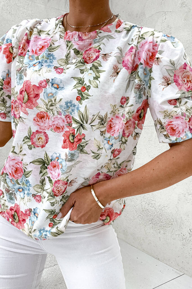 BLUZKA ONE SIZE W KWIATY I RĘKAWY BUFKI- BIAŁA