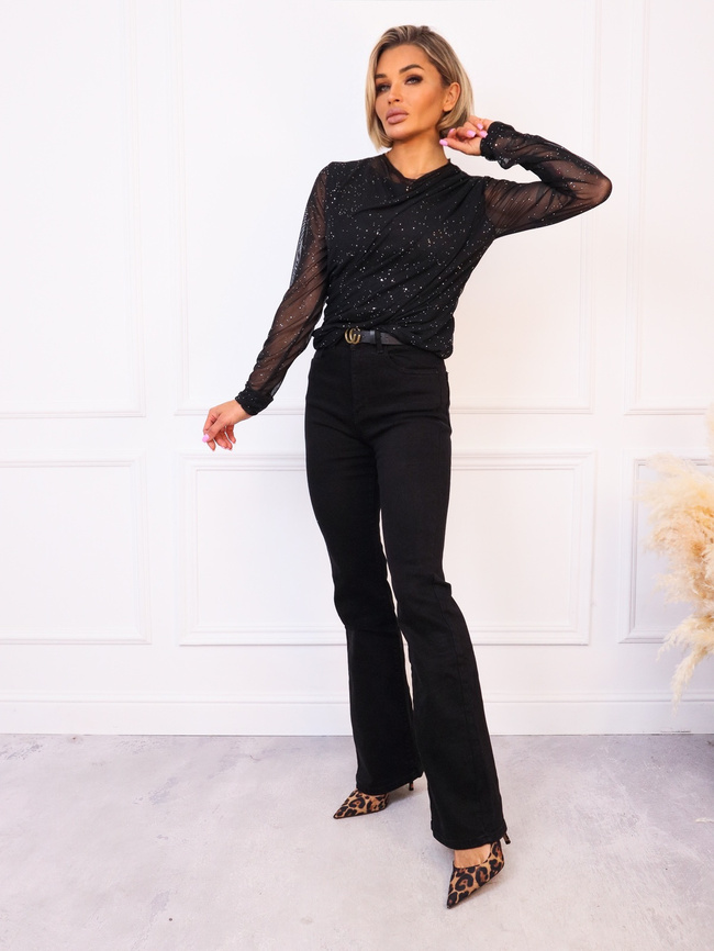 BLUZKA Z SIATECZKOWEGO MATERIAŁU I BŁYSZCZĄCYMI DROBINKAMI- CZARNA