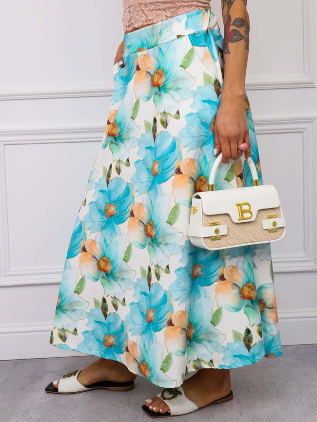 SPÓDNICA MIDI W KWIATY- NIEBIESKA