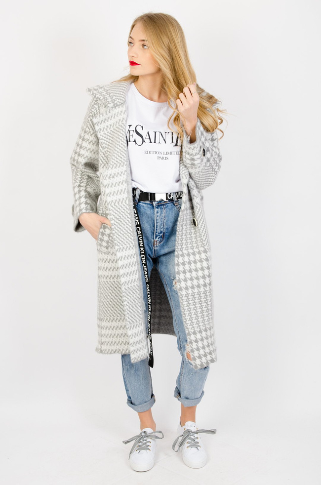 SZARY PŁASZCZ W KRATĘ