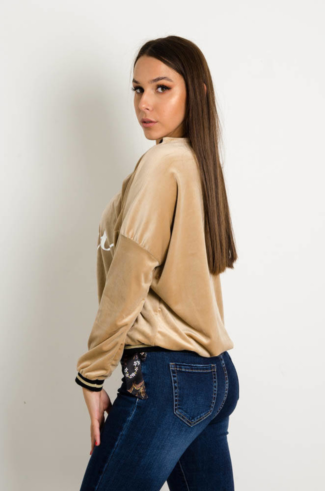 BEŻOWA WELUROWA BLUZKA Z DEKOLTEM W SZPIC LOVE