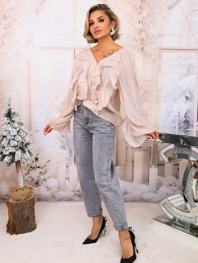 KOSZULA Z FALBANAMI ZAPINANA NA GUZIKI- BEŻOWA