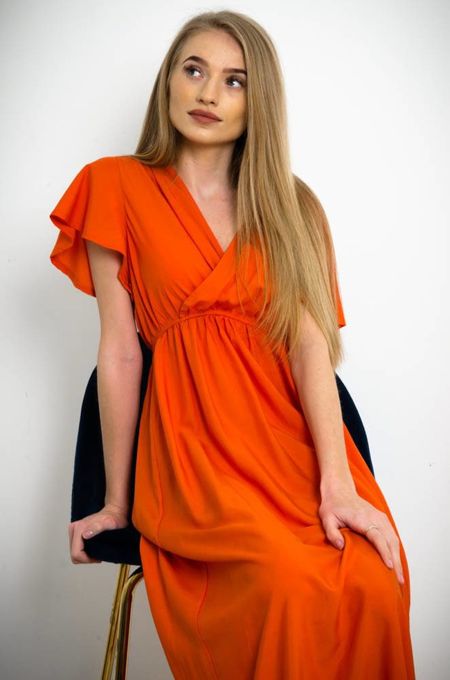 DŁUGA SUKIENKA MAXI Z KOPERTOWYM DEKOLTEM W KOLORZE POMARAŃCZOWYM