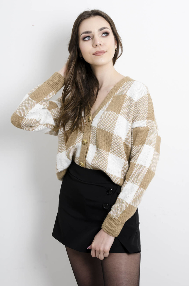 SWETER BRĄZOWY  W SZACHOWNICĘ 